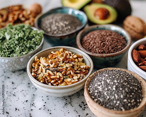 Assortment of healthy ingredients, including chia seeds, flax seeds, walnuts, almonds, kale, and avocado.