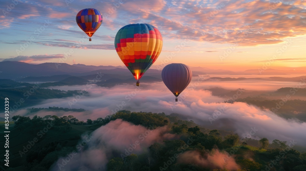 Image of colorful hot air balloons flying over the mountains. beautiful sky background Image of colorful hot air balloons flying over the mountains. beautiful sky background