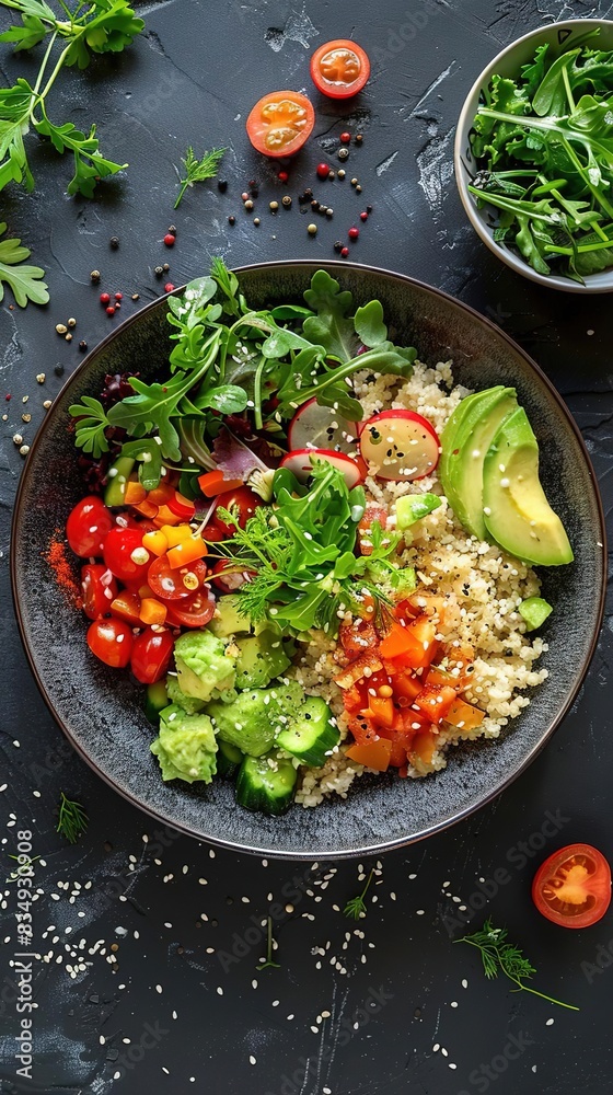 Healthy vegetarian buddha bowl with brown rice, avocado, cucumber, tomato, and arugula. Healthy vegetarian buddha bowl with brown rice, avocado, cucumber, tomato, and arugula.