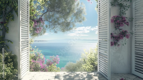 colorful flowers positioned in front of an open window adorned with blue shutters  offering a scenic view of the sea  a charming house  and a clear sky on a picturesque island.