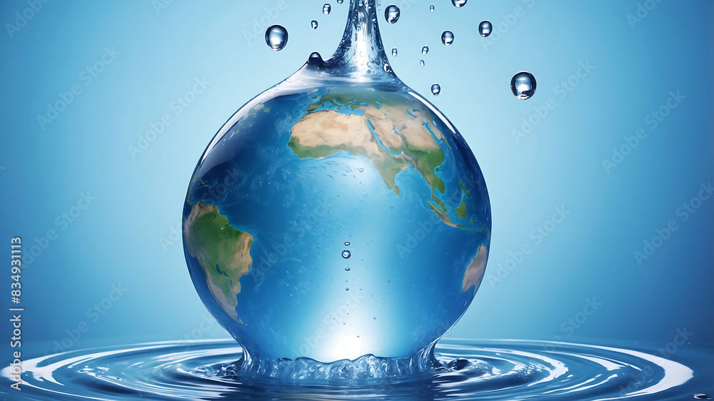 World environment day, the earth is in a water droplet on a blue background with water droplets, emphasizing the planet's continents and oceans World environment day, the earth is in a water droplet on a blue background with water droplets, emphasizing the planet's continents and oceans