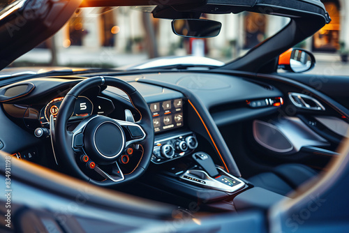 Modern interior of a new car with a focus on the steering wheel and dashboard.