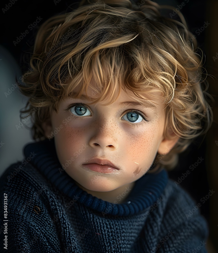 Portrait of a boy with curly blond hair and blue eyes Portrait of a boy with curly blond hair and blue eyes