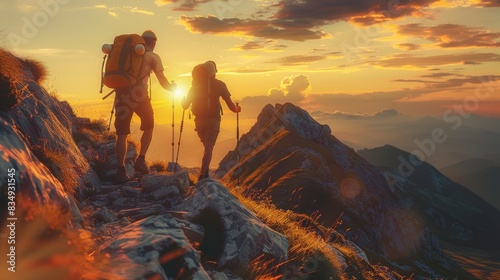 Hiker helping friend reach the mountain with sunset background, walking together. Generative AI.