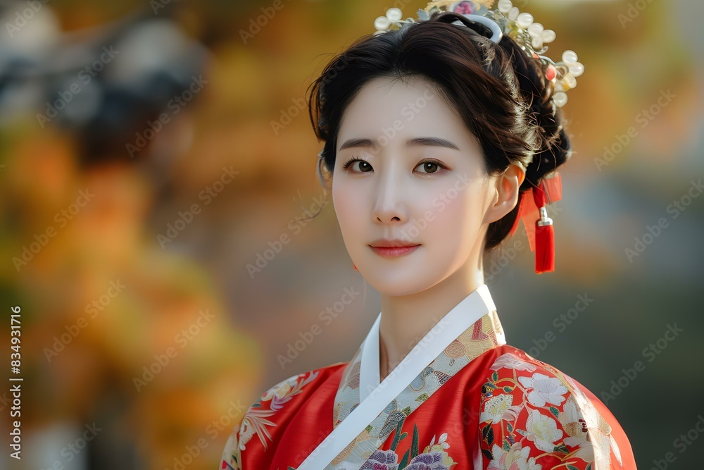Portrait of a beautiful Korean woman in traditional Hanbok dress Portrait of a beautiful Korean woman in traditional Hanbok dress