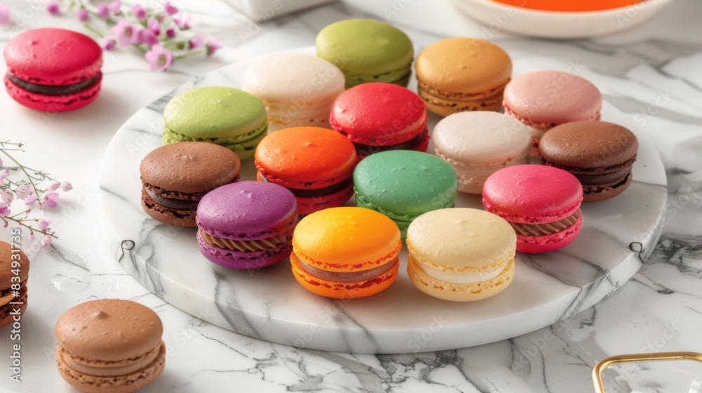 A tempting spread of colorful macarons arranged on a marble serving platter, with vibrant hues and delicate textures enticing the viewer. A tempting spread of colorful macarons arranged on a marble serving platter, with vibrant hues and delicate textures enticing the viewer.