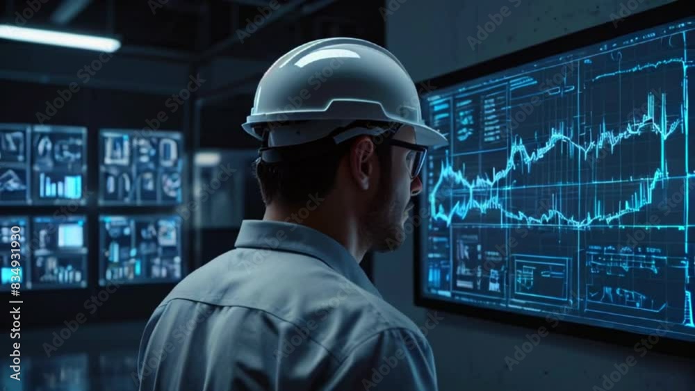 A man in a hard hat is looking at a large screen with graphs and data on it.