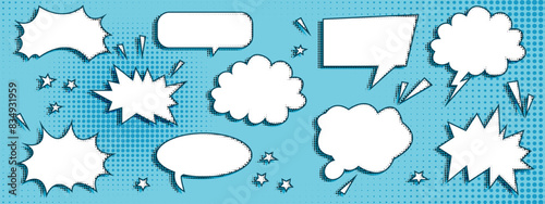 Modern speech bubble with halftone shadows. Emotional message with grunge texture. Vector illustration on a blue background. Dialogue box for comic books. Chat speech