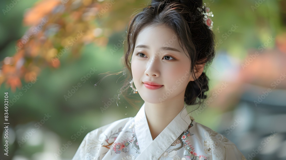 Portrait of a beautiful Asian woman in traditional Korean dress, or Hanbok Portrait of a beautiful Asian woman in traditional Korean dress, or Hanbok