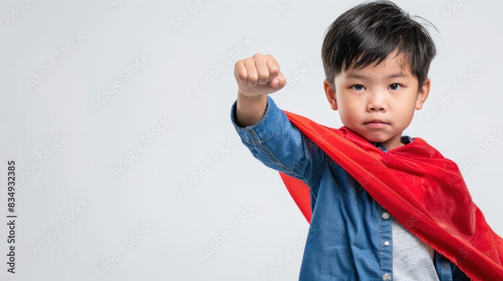Child's superhero pose, happy expression Child's superhero pose, happy expression