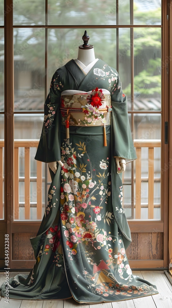 A woman wearing a green kimono with floral patterns A woman wearing a green kimono with floral patterns