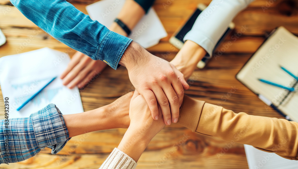 Hands stacked in a teamwork gesture on a wooden table with notebooks and pens, depicting cooperation. Generative AI Hands stacked in a teamwork gesture on a wooden table with notebooks and pens, depicting cooperation. Generative AI