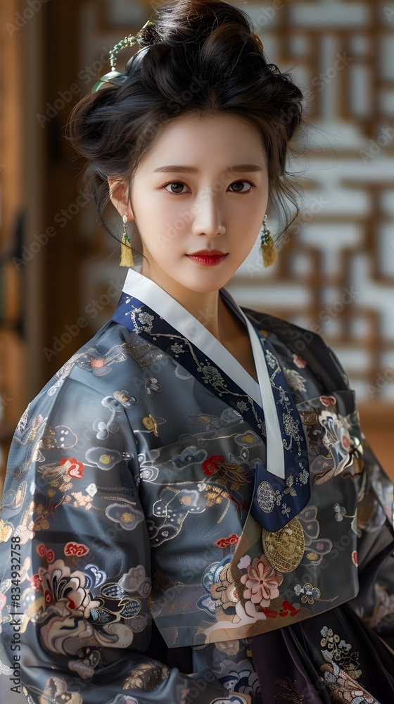 Portrait of a young woman in traditional Korean dress, or Hanbok