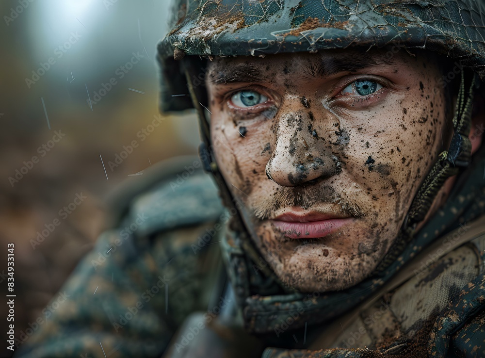 Fototapeta premium Portrait of a soldier with mud on his face and blue eyes