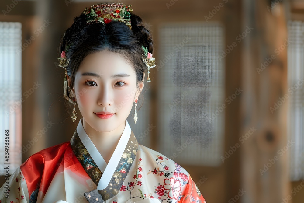 Portrait of a young woman in traditional Korean dress, smiling at the camera. Portrait of a young woman in traditional Korean dress, smiling at the camera.