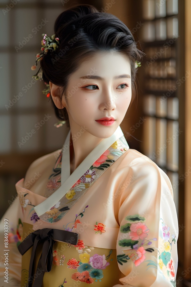 Portrait of a beautiful young Korean woman in traditional dress, or Hanbok Portrait of a beautiful young Korean woman in traditional dress, or Hanbok