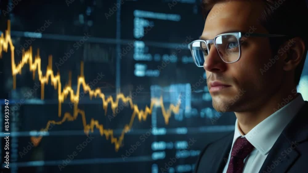 A man in a suit and glasses is looking at a glowing stock market graph in front of him. A man in a suit and glasses is looking at a glowing stock market graph in front of him.