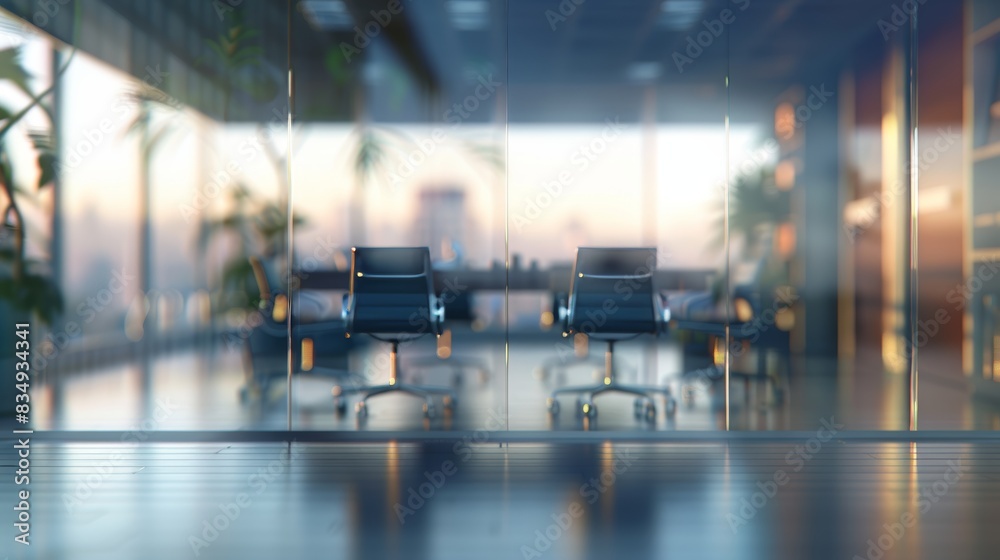 Obraz premium Blurred office interior with glass walls and chairs in front of the window, blurred background of a modern business meeting room, copy space for text