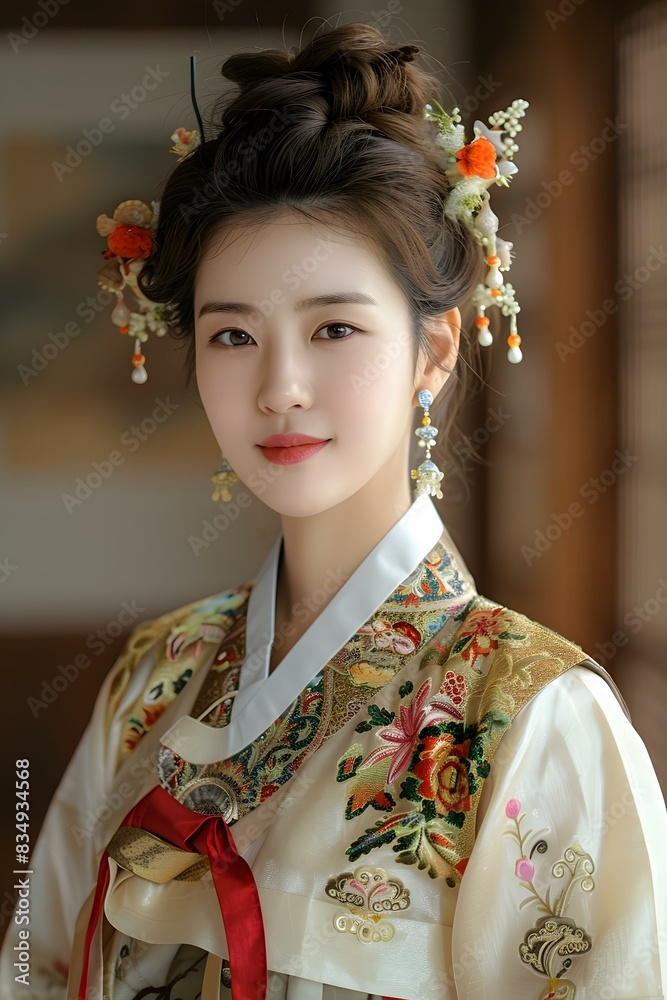 Portrait of a young Korean woman in traditional Hanbok dress Portrait of a young Korean woman in traditional Hanbok dress