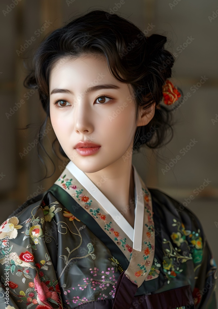 Portrait of a beautiful Korean woman in traditional Hanbok dress