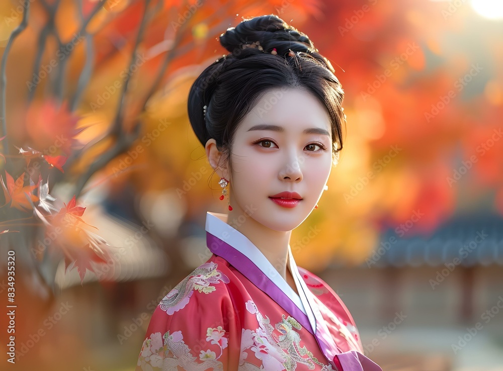 Fototapeta premium Portrait of a beautiful young woman in traditional Korean dress, or Hanbok