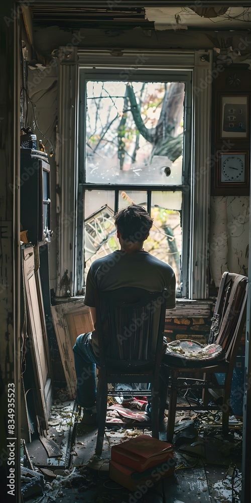 A man sits in a chair in an abandoned room A man sits in a chair in an abandoned room