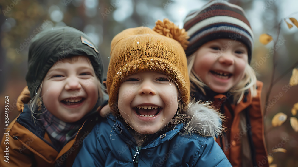A winking child happily plays in the garden in winter. A winking child happily plays in the garden in winter.