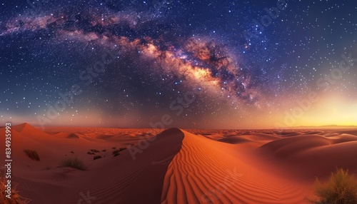 Over the white desert  rolling sand dunes lay ahead. A caravan of camels led the camels on the giant sand dunes under the stars. The Milky Way glittered above them. This scene creates a spectacular at