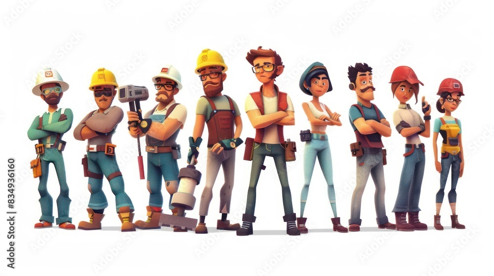 Obraz premium Group of professional craftsmen, carpenter, painter, man and woman, vector illustration, repairman