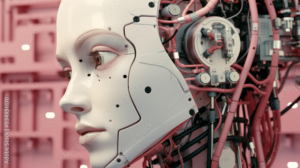 Fototapeta premium Closeup shot of advanced AI robot face showing detailed texture and expressive features, symbolizing artificial intelligence concept.