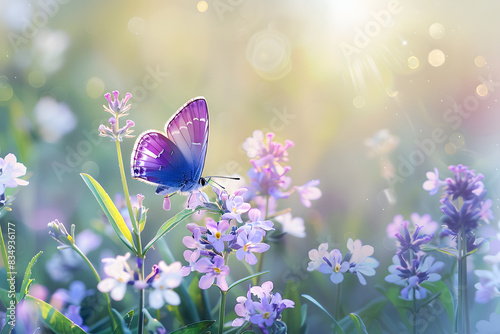 Purple butterfly on wild white violet flowers in grass in rays of sunlight, macro. Spring summer fresh artistic image of beauty morning nature. Selective soft focus.