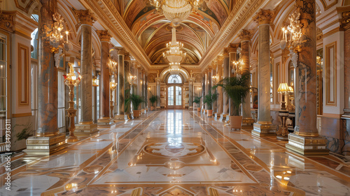 Luxurious Grand Hallway with Elegant Chandeliers and Marble Columns © nunkung07