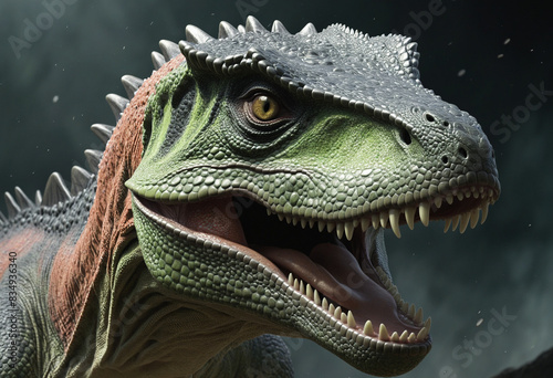 Closeup illustration of a scary prehistoric reptile with colourful scales and fangs in a creepy portrait