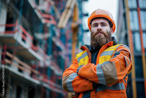 Bearded builder in construction uniform and safety helmet with arms crossed.