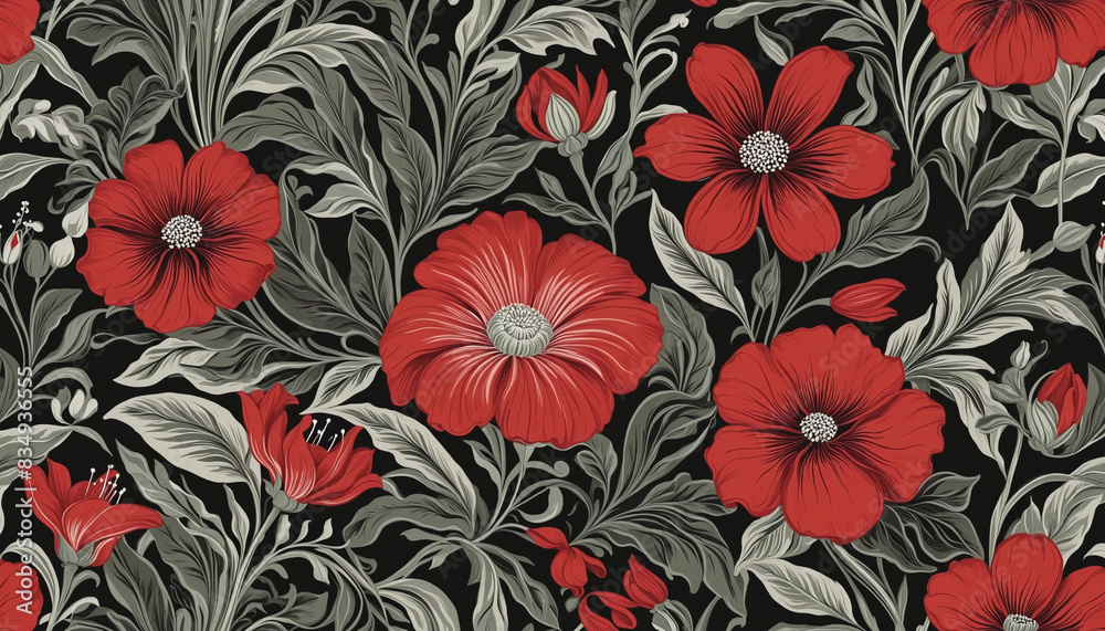 Elegant Victorian Botanical Floral Wallpaper with Red and Black Flowers Elegant Victorian Botanical Floral Wallpaper with Red and Black Flowers
