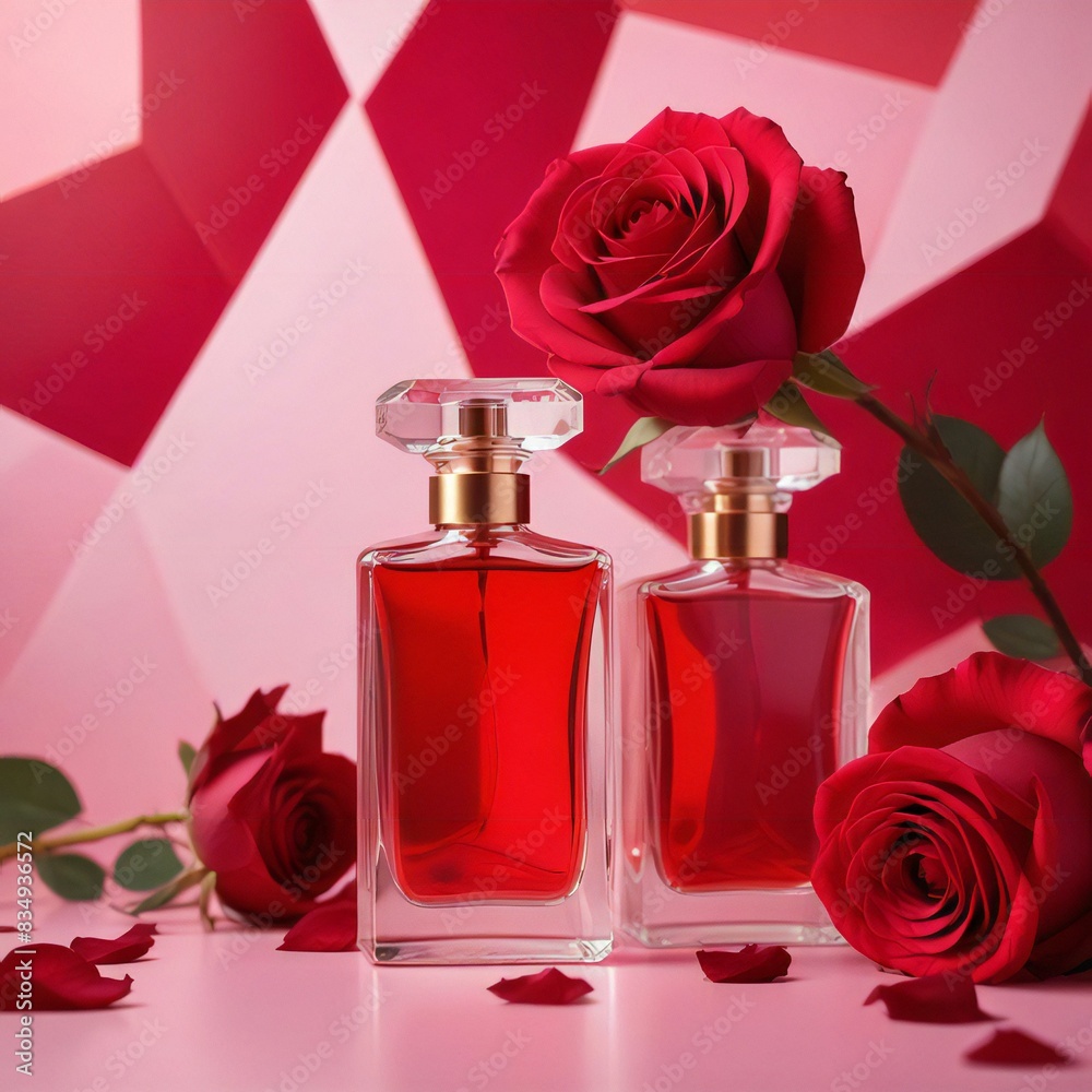 Glass bottles of red perfume on a pink and red background, with red flowers. Glass bottles of red perfume on a pink and red background, with red flowers.