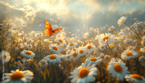 Panoramic landscape of sunlit daisy field with butterflies fluttering around.