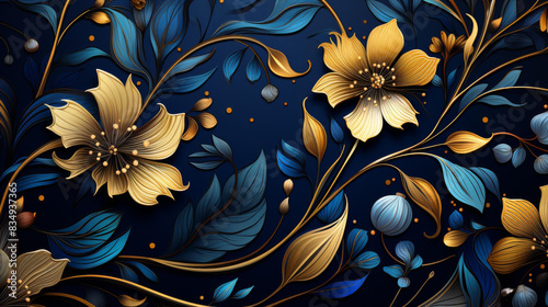 Exquisite floral brocade texture in royal blue and gold hues with high definition quality, perfect for elegant designs. © Crazy Juke