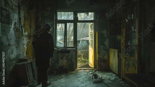 A man standing in a room with a broken door and window