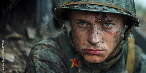 Portrait of a young soldier with blue eyes and a dirty face