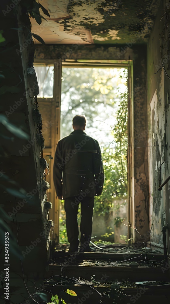 Man standing in a doorway of an overgrown building Man standing in a doorway of an overgrown building
