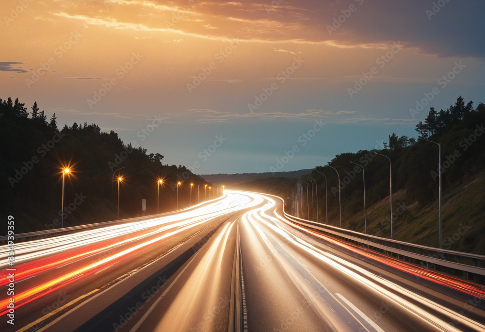 The sun sets over the bustling highway, casting a heavenly glow onto the speeding cars, creating an abstract blur of light against the asphalt as evening falls
