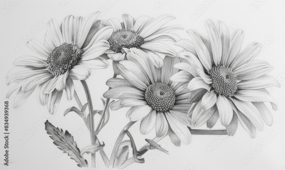 Daisies in pencil, fine lines, detailed shading Daisies in pencil, fine lines, detailed shading