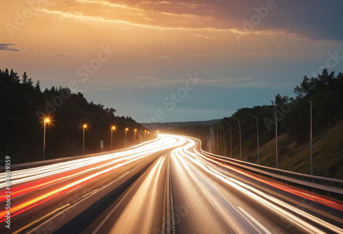The sun sets over the bustling highway, casting a heavenly glow onto the speeding cars, creating an abstract blur of light against the asphalt as evening falls