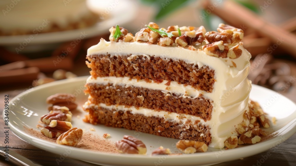 Close-up of a slice of moist carrot cake with cream cheese frosting, garnished with chopped walnuts and a sprinkle of cinnamon, served on a dessert plate. Close-up of a slice of moist carrot cake with cream cheese frosting, garnished with chopped walnuts and a sprinkle of cinnamon, served on a dessert plate.