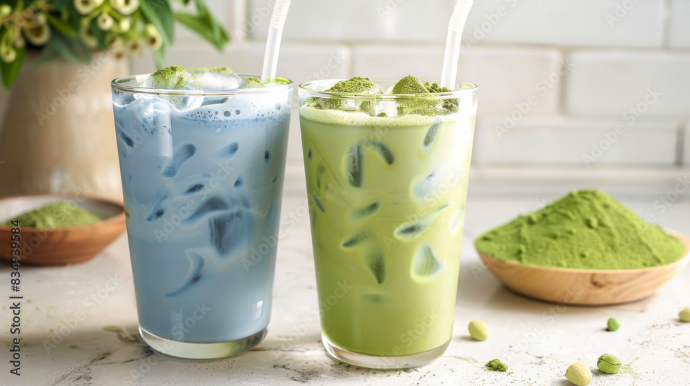 Trendy green and blue matcha drink in a glass with ice and a straw. Colorful Japanese tea latte, green and blue moon milk. Tea made from dried butterfly pea flowers and tea tree leaves with milk Trendy green and blue matcha drink in a glass with ice and a straw. Colorful Japanese tea latte, green and blue moon milk. Tea made from dried butterfly pea flowers and tea tree leaves with milk