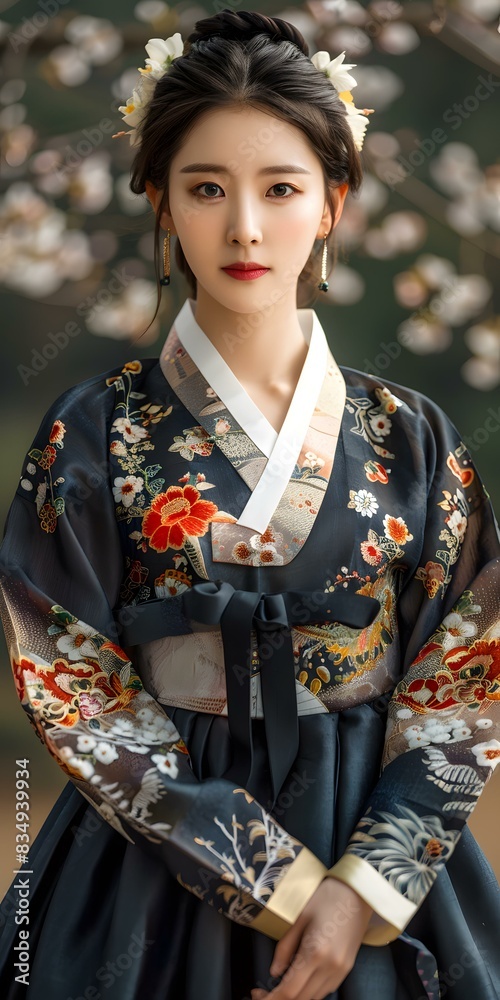 Portrait of a young woman in traditional Korean hanbok dress Portrait of a young woman in traditional Korean hanbok dress