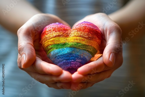 Hands holding a glittery rainbow heart symbolizing love and diversity