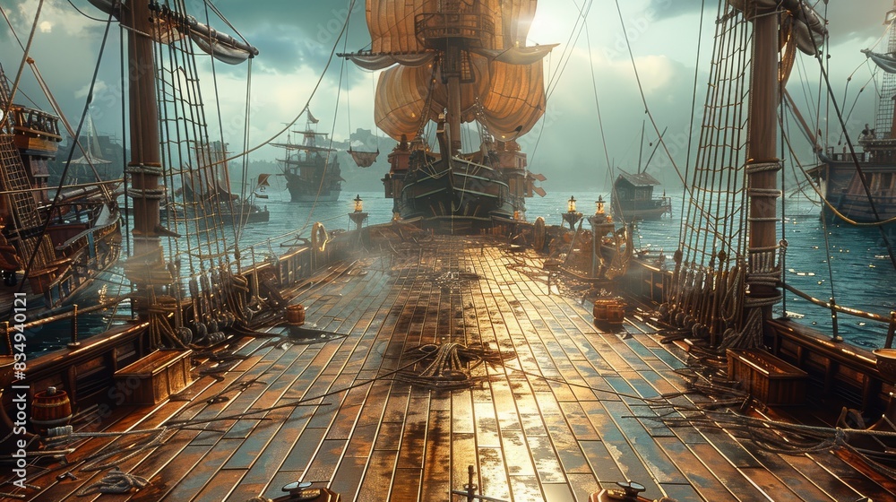 Fototapeta premium A Pirate Ballet Dance Theater Background Scene, a Pirate Ship Deck. Generative AI.