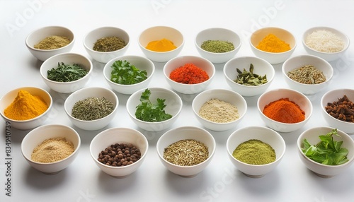 Asian Flavors: A High-View of Spices on a White Background" "Culinary Colors: Basil, Chili, and More in a Spicy Array"
